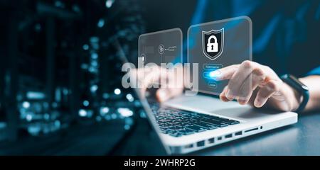 Cybersecurity and privacy concepts to protect data. user privacy security and encryption, secure internet access future technology and cybernetics, sc Stock Photo