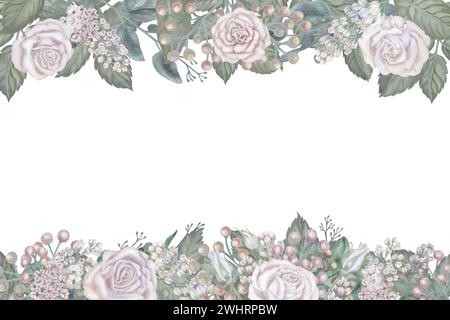 Watercolor floral frame of white roses, green leaves, lilac, eucalyptus in a pastel palette in vintage style for wedding, Women's Day, Valentine's Day Stock Photo