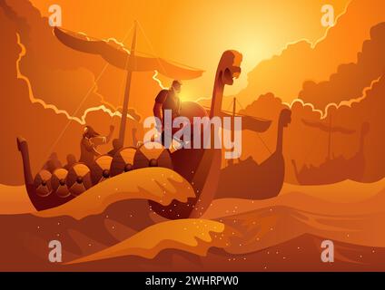 The vikings on the ship were sailing across the ocean to England, vector illustration Stock Vector