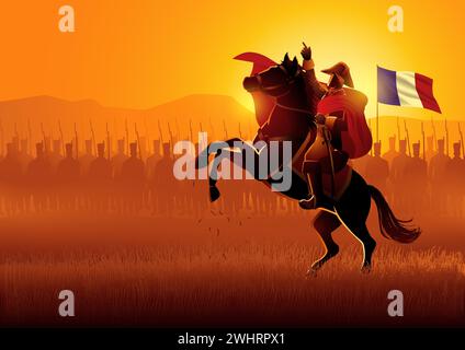Vector illustration of Napoleon on horseback leading his army on battlefield Stock Vector
