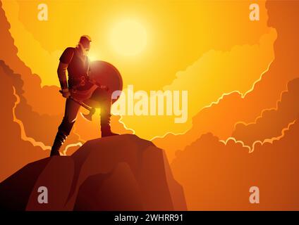 Viking warrior holding an axe and shield on top of a hill with dramatic cloudscape background, vector illustration Stock Vector
