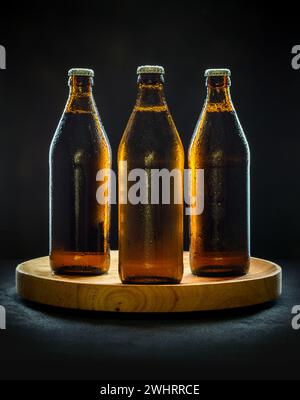 Three cool beer bottles on wooden tray Stock Photo