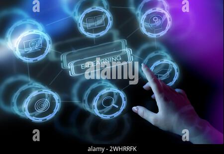 E-learning and Online Education concept. Student learning webinar lesson and pointing finger to device screen icon. Stock Photo