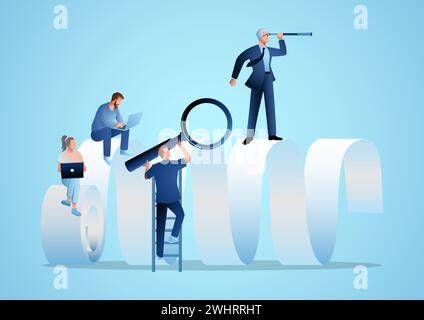 Business concept vector illustration of people on a giant paper scroll using a laptop, telescope, and magnifying glass. Business, data, survey and res Stock Vector