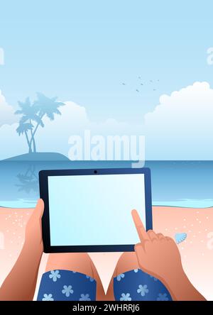 Business concept vector illustration of a man using tablet computer on tropical beach Stock Vector