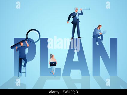 Business concept vector illustration of people on a giant text that reads PLAN using a laptop, telescope, and magnifying glass. Business planning, dat Stock Vector