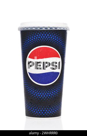 IRVINE, CALIFORNIA - 10 FEB 2024: A Pepsi disposable drink cup with condensation. Stock Photo