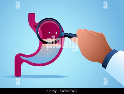 Vector illustrations of a doctor's hand analyzing a human eye with magnifying glasses. Ophthalmologist, ophthalmology concept Stock Vector