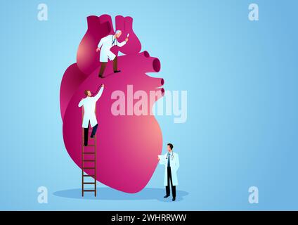 Doctor cardiologist examining human heart with stethoscope, vector ...
