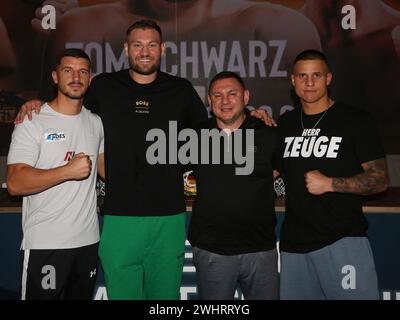 Boxer Ardian Krasniqi ,Tom Schwarz,Tyron Zeuge with promoter Burim Sylejmani from the Magdeburg boxing stable Fides at the press Stock Photo