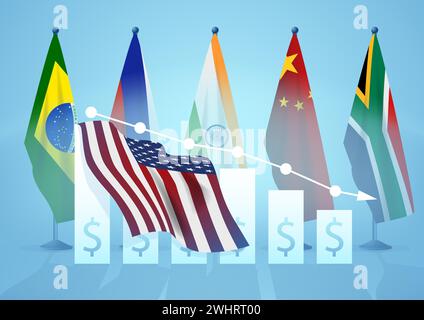 Vector illustration of BRICS countries flags at the back of a United States Of America flag on decreasing graphic chart. The dollar exchange rate decl Stock Vector