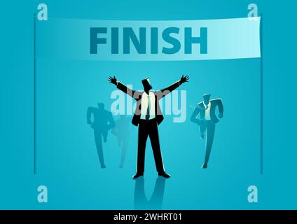 A businessman raises his hands on the finish line after winning a race. Competition, success, goal in business concept, vector illustration Stock Vector
