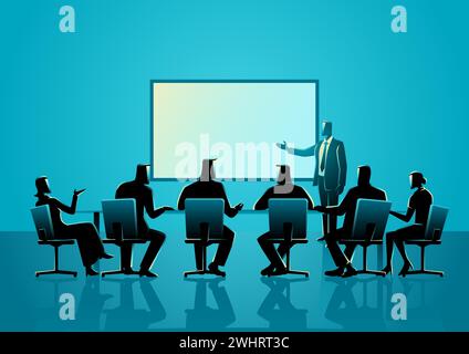 Illustration of a business person giving a presentation in front of a board of directors, vector illustration Stock Vector