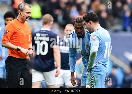 Haji Wright (11 Coventry City) and Callum OHare (10 Coventry City) discuss who the penalty taker will be during the Sky Bet Championship match between Coventry City and Millwall at the Coventry Building Society Arena, Coventry on Sunday 11th February 2024. (Photo: Kevin Hodgson | MI News) Credit: MI News & Sport /Alamy Live News Stock Photo