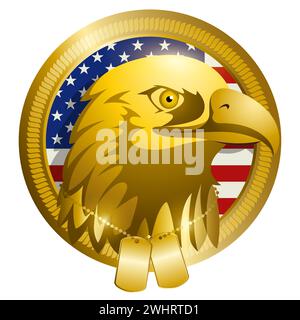 Vector illustration of American bald eagle head wearing military dog tag, American coat of arms Stock Vector