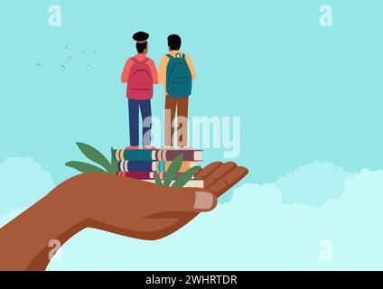 Simple flat cartoon illustration of a black hand holding two afro children standing on books with school backpack. Provide education, parent responsib Stock Vector