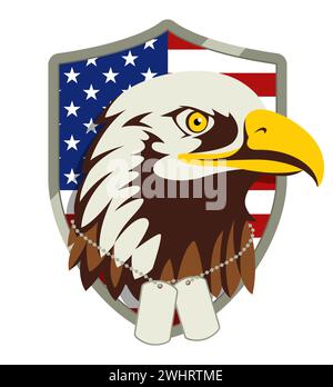 Vector illustration of American bald eagle head wearing military dog tag, American coat of arms Stock Vector