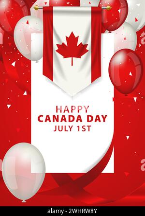 Canadian flag or pennant decorated with ribbons and balloons for Canada Day, vector illustration Stock Vector