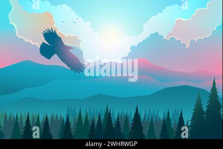 Beautiful scenery with twilight colors decorated by pine trees and eagles flying above the sky, vector illustration Stock Vector