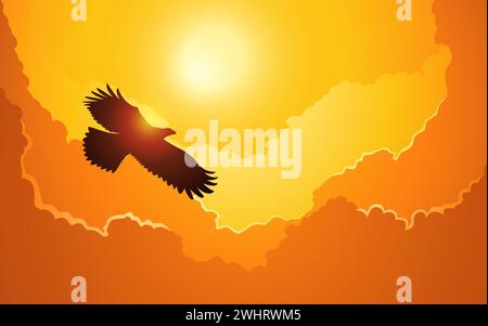 The silhouette of an eagle flying above the clouds, vector illustration Stock Vector