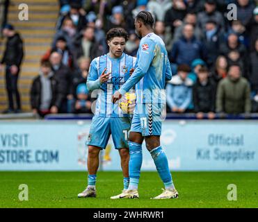 11th February 2024; Coventry Building Society Arena, Coventry, England; EFL Championship, Coventry City versus Millwall; Haji Wright and Callum O'Hare of Coventry do rock paper scissors to decide who takes the penalty for Coventry Stock Photo