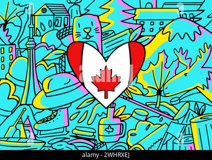 Mural doodle art with Canada flag in heart shape decorated with the country famous elements and icons, vector illustration Stock Vector