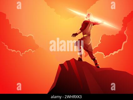Greek god and goddess vector illustration series, Zeus, the Father of Gods and men standing on mountain Olympus throwing his lighting bolt Stock Vector