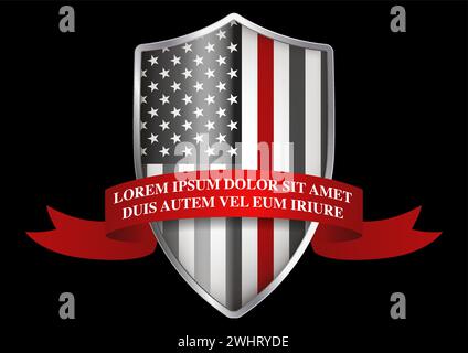 American thin red line flag in the form of a medieval shield decorated with red ribbon, vector illustration Stock Vector