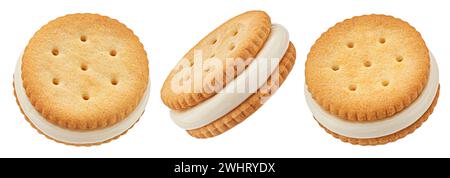 Sandwich cookies, vanilla cream filled biscuits isolated on white background, full depth of field Stock Photo