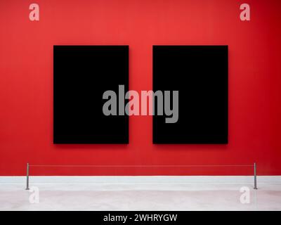Mockup two blank space in black vertical square artist painting frames, isolated on red background. Empty 2 photo frames hanging on red wall behind di Stock Photo
