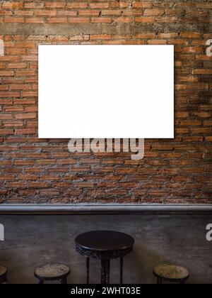 Mockup horizontal artist frame or white blank poster on red brick wall background over the empty vintage wooden round table and chair seats inside the Stock Photo