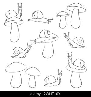 Set of black and white illustrations with snails and mushrooms. Isolated vector objects on white background. Stock Vector