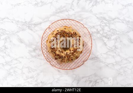 Chocolate pumpkin bundt cake with toffee glaze Stock Photo