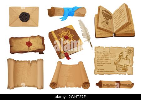 Old paper books, ancient letter and parchment or papyrus scrolls set. 3D open medieval manuscript, magic rolled page with antique texture and wax seal, antique messages cartoon vector illustration Stock Vector