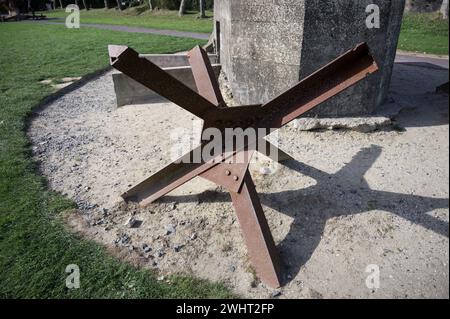 Anti-tank obstacles at Utah Beach which was one of the five areas of the Allied invasion of German-occupied France in the Normandy landings on 1944 Stock Photo