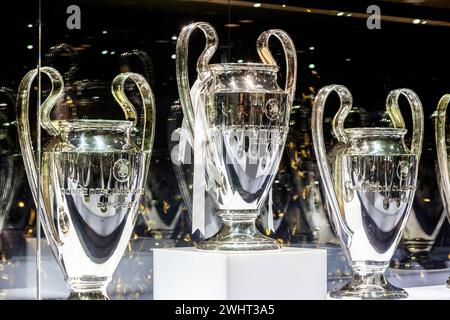 Champions League trophies at the museum of Real Madrid at Bernabeu stadium.Madrid is the most successful soccer club of all times. Stock Photo