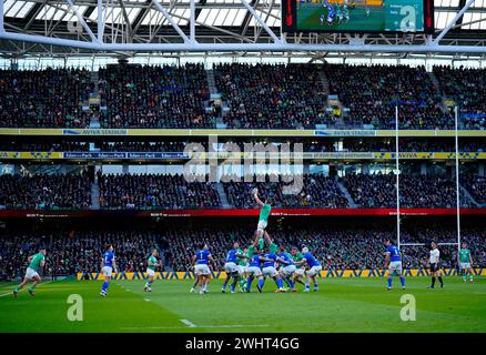 Ireland's James Ryan wins the line-out during the Guinness Six Nations match at the Aviva Stadium in Dublin, Ireland. Picture date: Sunday February 11, 2024. Stock Photo