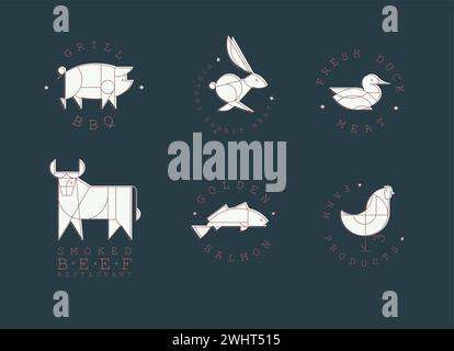 Animal labels in art deco linear style with lettering grill bbq, fresh meat, smoked beef restaurant, golden salmon, farm products drawing on blue back Stock Vector