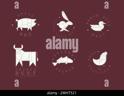 Animal labels in art deco linear style with lettering grill bbq, fresh meat, smoked beef restaurant, golden salmon, farm products drawing on red backg Stock Vector