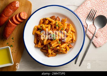 Macaroni dish with tomato sauce and Spanish chorizo. Stock Photo