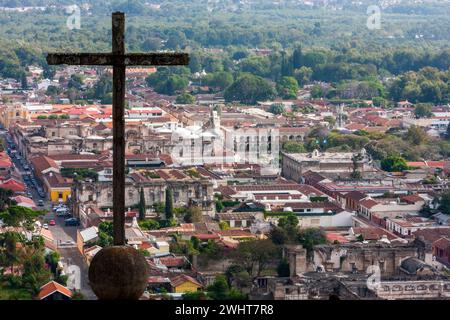 Antigua, Guatemala.  View from Cerro de la Cruz.  San Jose Cathedral and Ruins facing Plaza de Armas, Palacio de los Capitanes Generales. Stock Photo