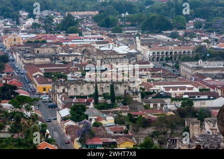 Antigua, Guatemala.  View from Cerro de la Cruz.  San Jose Cathedral and Ruins facing Plaza de Armas, Palacio de los Capitanes Generales. Stock Photo