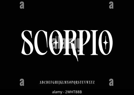 Unique decorative condensed serif alphabet display font vector. Attractive scorpio typeface Stock Vector