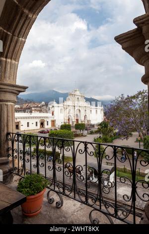 Antigua, Guatemala.  Cathedral of San Jose, Plaza de Armas, from Balcony of the Ayuntamiento (Municipality). Stock Photo