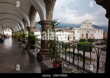 Antigua, Guatemala.  Cathedral of San Jose, Plaza de Armas, from Balcony of the Ayuntamiento (Municipality). Stock Photo