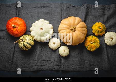 Thanksgiving festive table composition with different pumpkins on gray tablecloth runner, rustic dark table top view. Stock Photo
