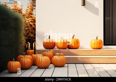 House entrance with halloween pumpkin decoration. Minimal modern autumn staircase decor Stock Photo