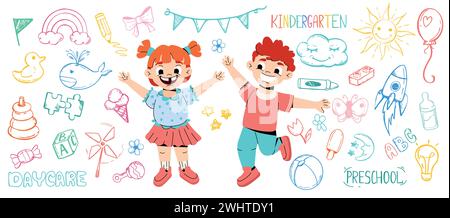 Funny cartoon kids in kindergarten play with toys. Preschool happy girl and boy with line art children icon collection. Daycare doodle. Child characters and hand drawn animals, candy, flowers, sun. Stock Vector