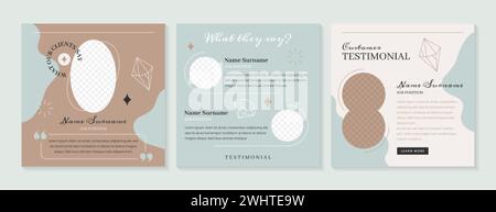 Customer feedback story template design. Vector set of square testimonial posts for social media. Web banners of client satisfaction with short quote, star rating review of products, business services Stock Vector