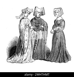 Female costume in the time of Henry V of England. Black and White Illustration from the 'Old England' published by James Sangster in 1860. Stock Photo